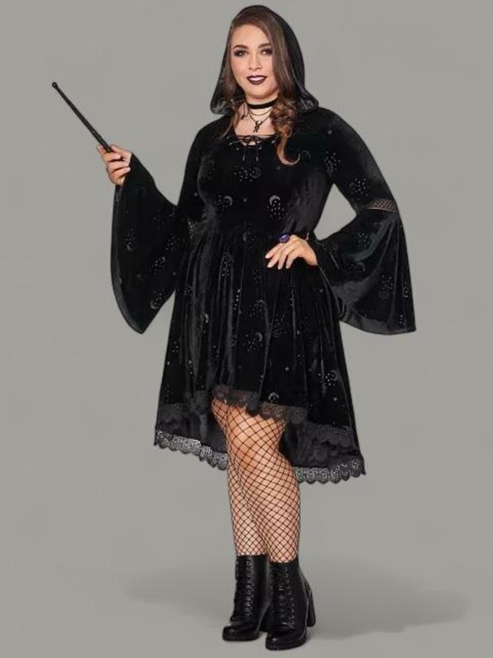 Spirit Black Velvet Lace-Hem High-Low Witch Dress